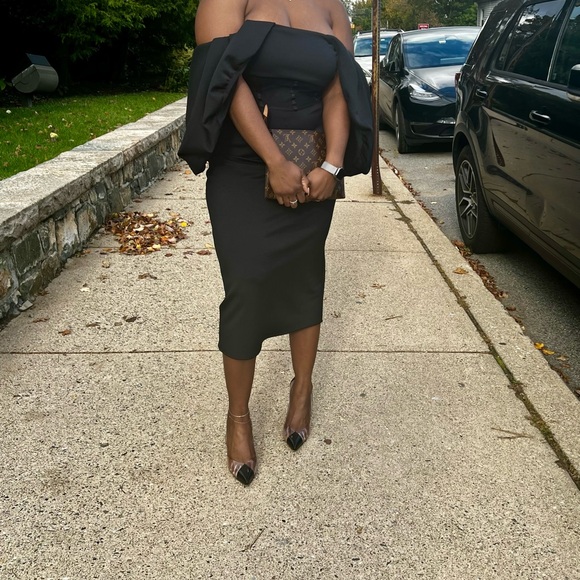 ASOS Black Midi Dress with Puff Sleeves - Picture 3 of 3